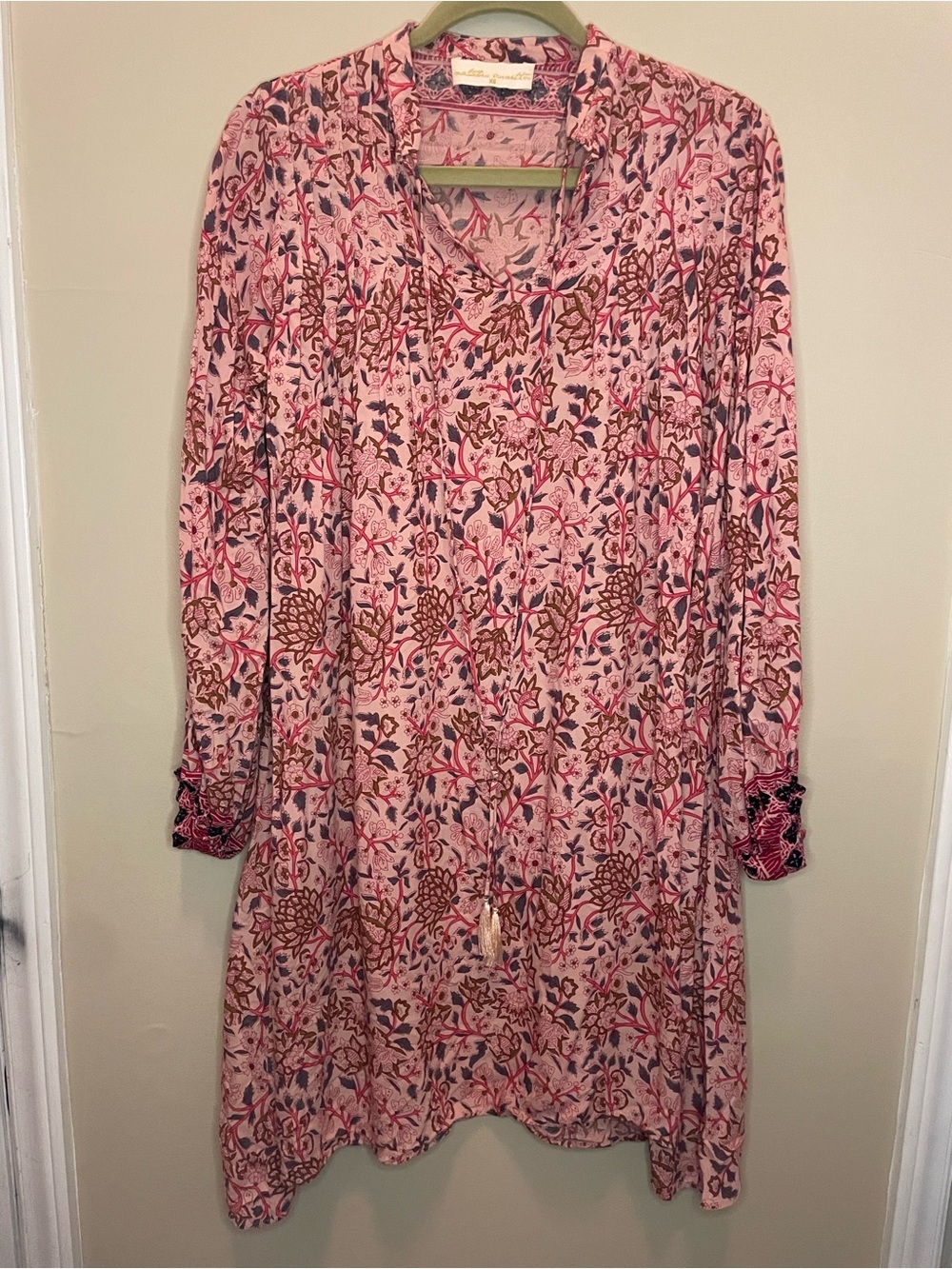 Natalie Martin Stevie Hand-Print Batik Floral Tassel Festival Boho Dress Sz XS